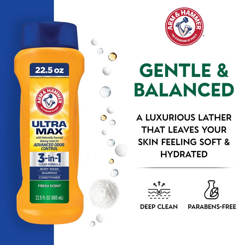 Arm & Hammer Essentials Mens Body Wash - Ultra Max 3-in-1 Fresh Scent 22.5oz - Mens Shampoo Conditioner Body Wash - Image 2