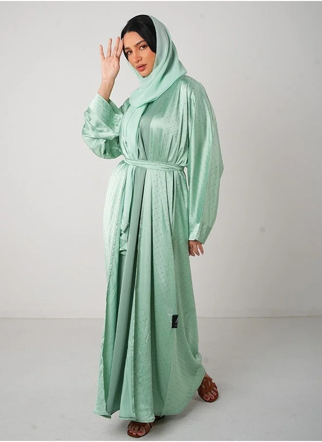 JAMEELA Mint Green Bling Open Abaya 3 pieces Set