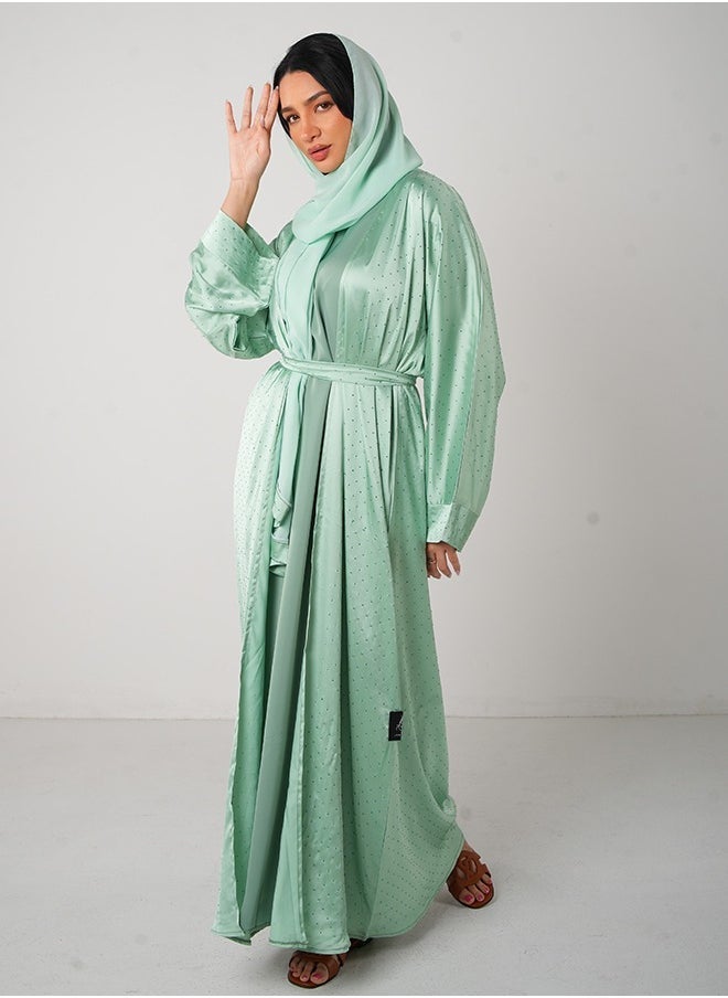 JAMEELA Mint Green Bling Open Abaya 3 pieces Set - Image 2