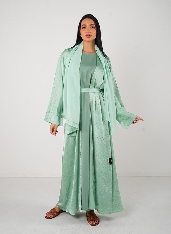 JAMEELA Mint Green Bling Open Abaya 3 pieces Set - Image 1