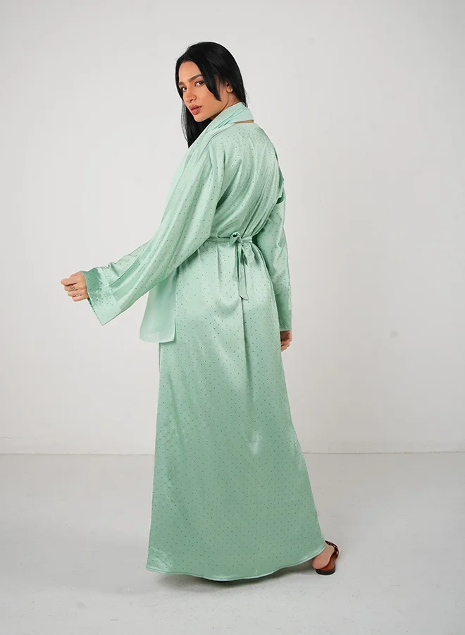 JAMEELA Mint Green Bling Open Abaya 3 pieces Set