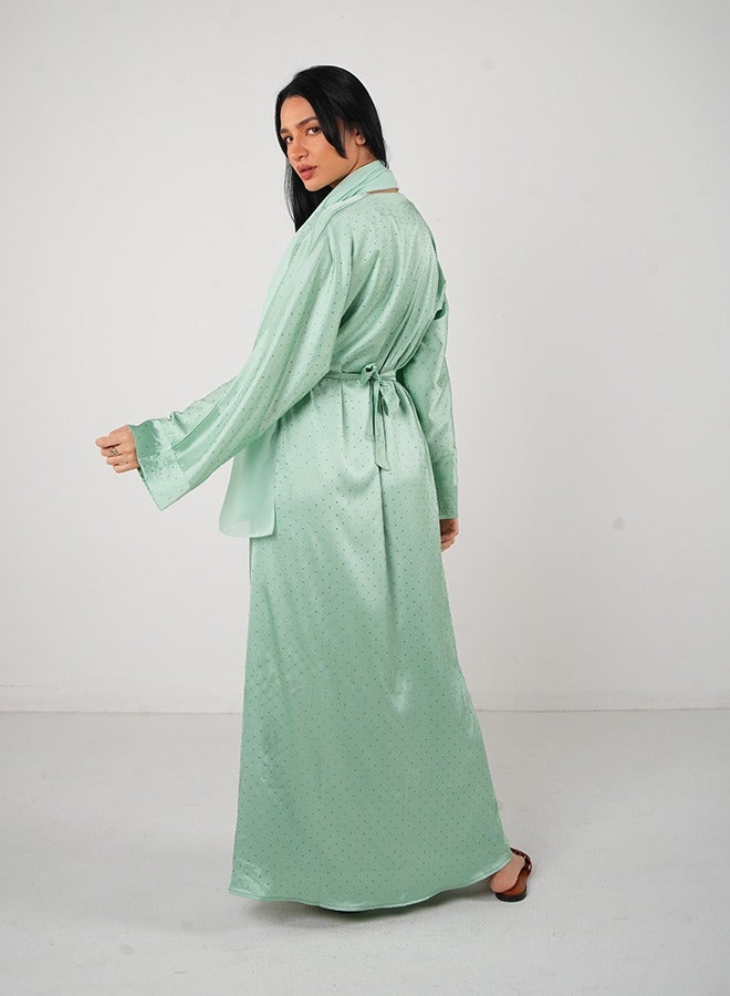 JAMEELA Mint Green Bling Open Abaya 3 pieces Set - Image 3