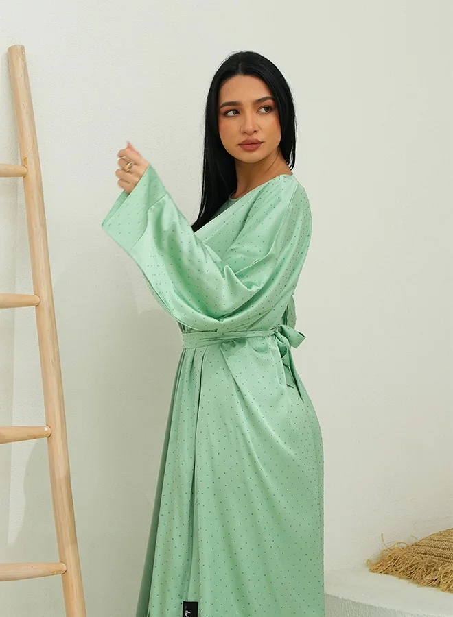 JAMEELA Mint Green Bling Open Abaya 3 pieces Set