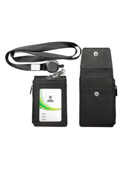 INFOSUN PU Leather ID Badge Card Holder Wallet-Style Protective Case with 5 Card Slots, 1 Side Zipper Pocket & 24.8-inch (About 63 cm) Polyester Neck Ianyard Retractable Badge Reel-Black  - Image 1