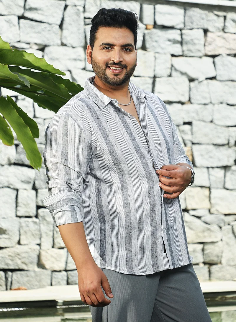 Instafab Plus Instafab Plus Men's Ash Grey Pincandy-Striped Regular Shirt For Casual Wear | Spread Collar | Long Cuffed Sleeves | Button Closure | Plus Size Shirt Crafted With Comfort Fit For Everyday Wear