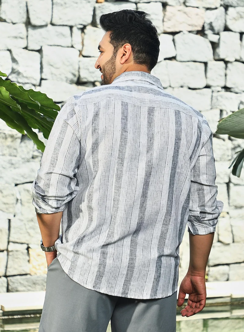 Instafab Plus Instafab Plus Men's Ash Grey Pincandy-Striped Regular Shirt For Casual Wear | Spread Collar | Long Cuffed Sleeves | Button Closure | Plus Size Shirt Crafted With Comfort Fit For Everyday Wear