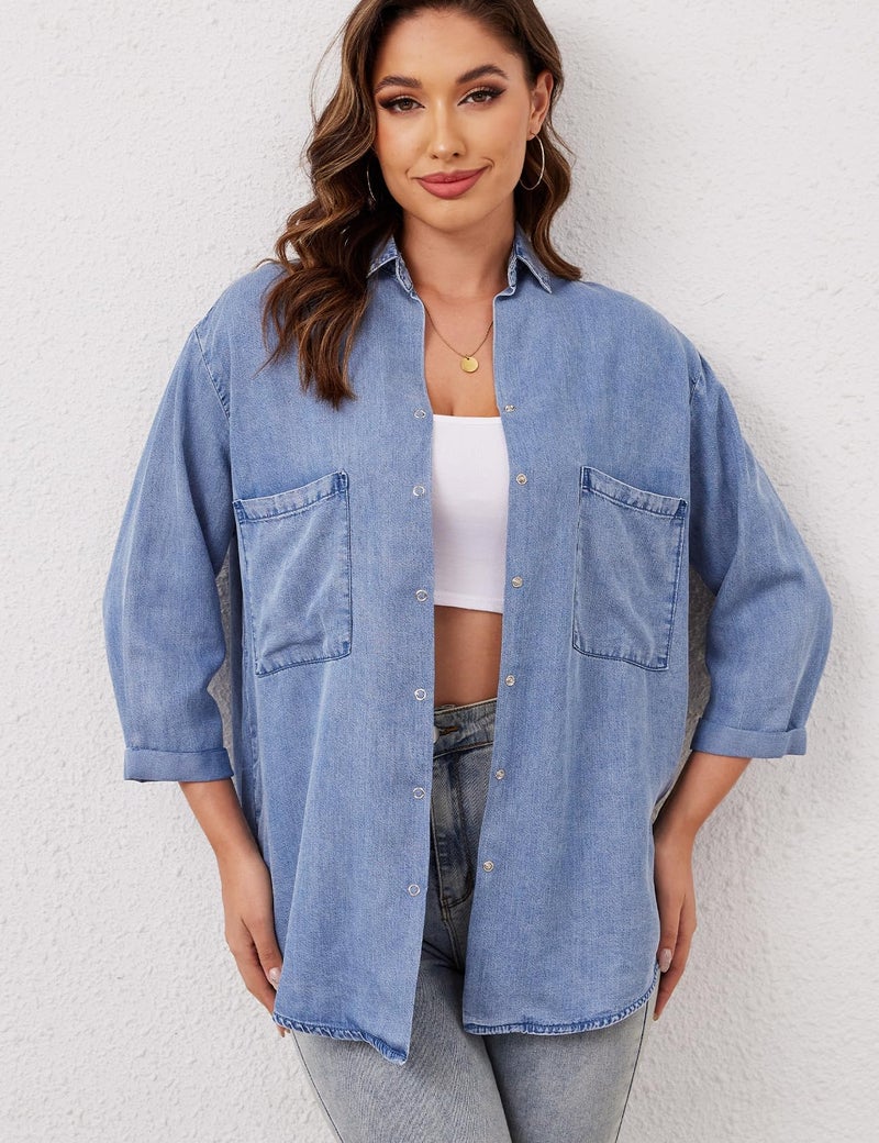 Yimoon Womens Denim Shirts Chambray Button Down Jean Shirt Denim Tencel 3/4 Sleeve Tops - Image 2