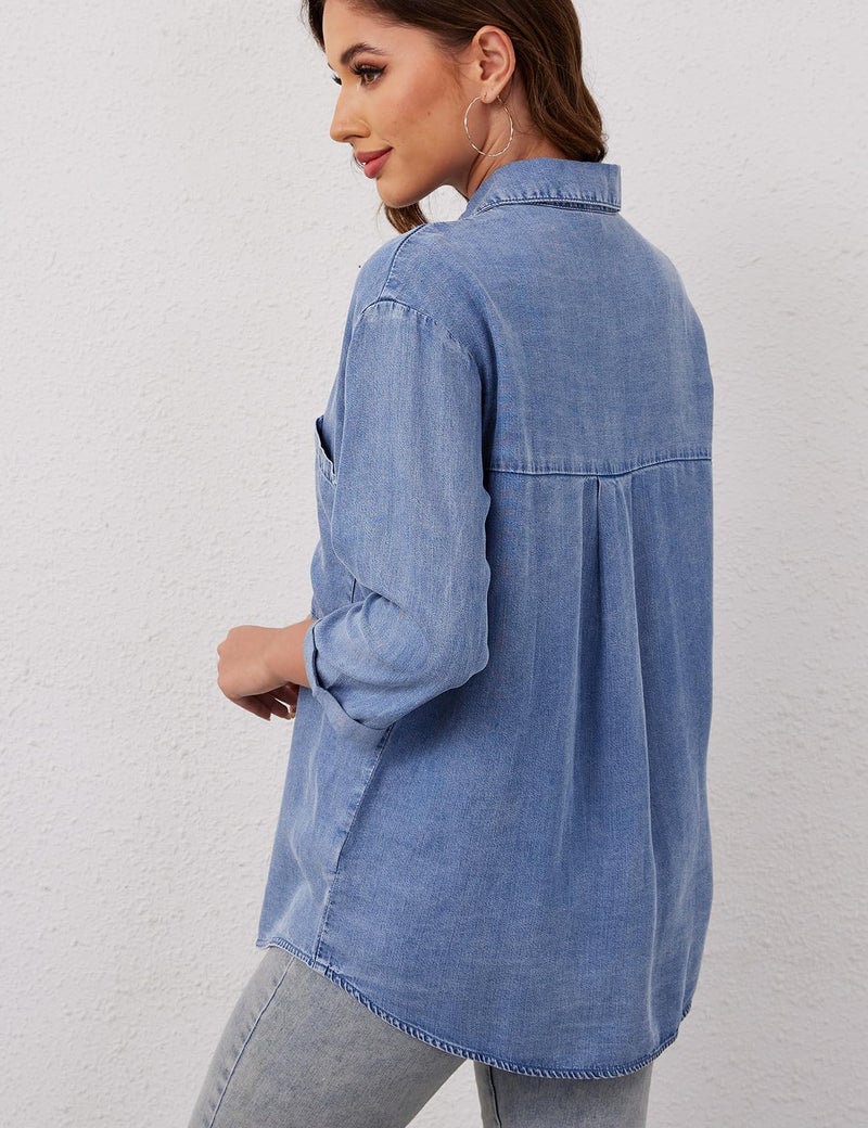 Yimoon Womens Denim Shirts Chambray Button Down Jean Shirt Denim Tencel 3/4 Sleeve Tops - Image 4
