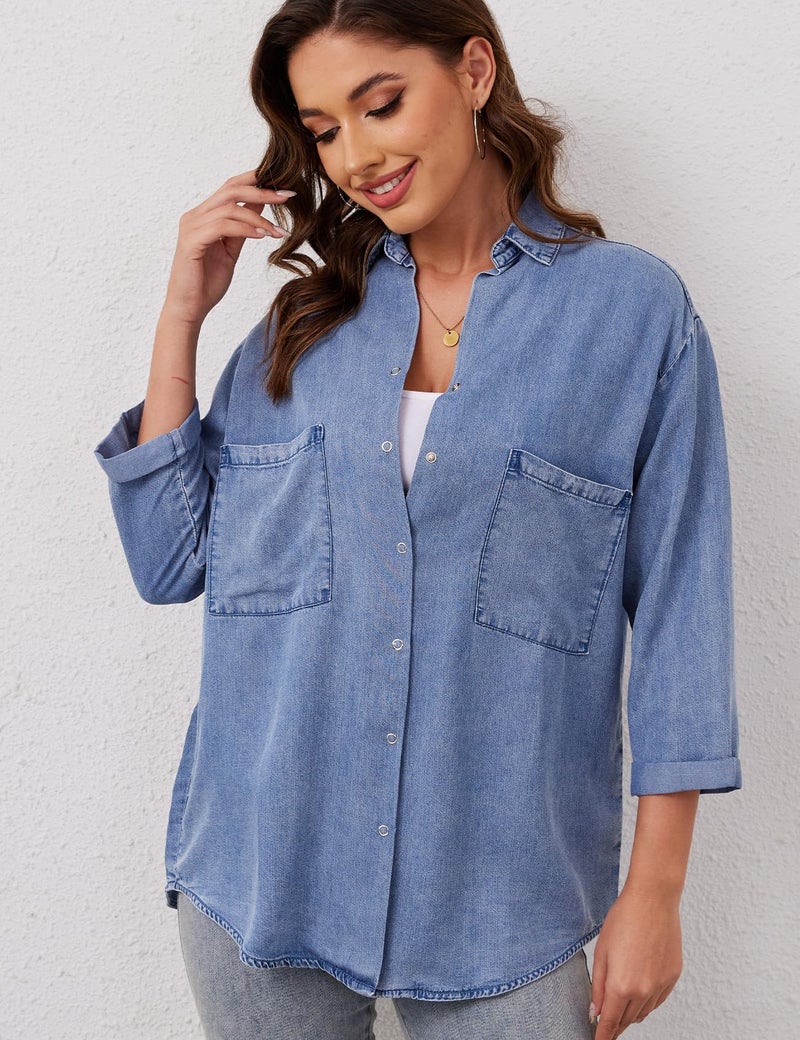 Yimoon Womens Denim Shirts Chambray Button Down Jean Shirt Denim Tencel 3/4 Sleeve Tops - Image 3