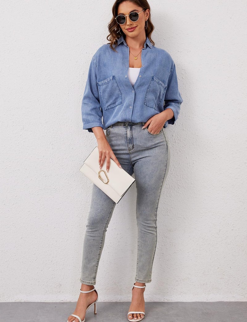 Yimoon Womens Denim Shirts Chambray Button Down Jean Shirt Denim Tencel 3/4 Sleeve Tops - Image 5