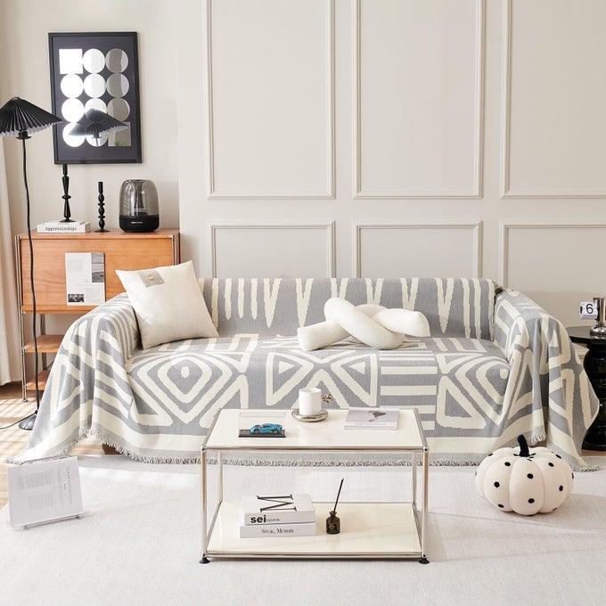 VCLIFE BOHO COUCH COVER SECTIONAL SOFA COVER PET COUCH CUSHION COVER FOR 2 CUSHION COUCH SOFA WASHABLE LOVSEAT COVER WHITE CREAM GREY PLAID TRIANGLE SOFA SLIPCOVER THROW COVER WITH TASSEL