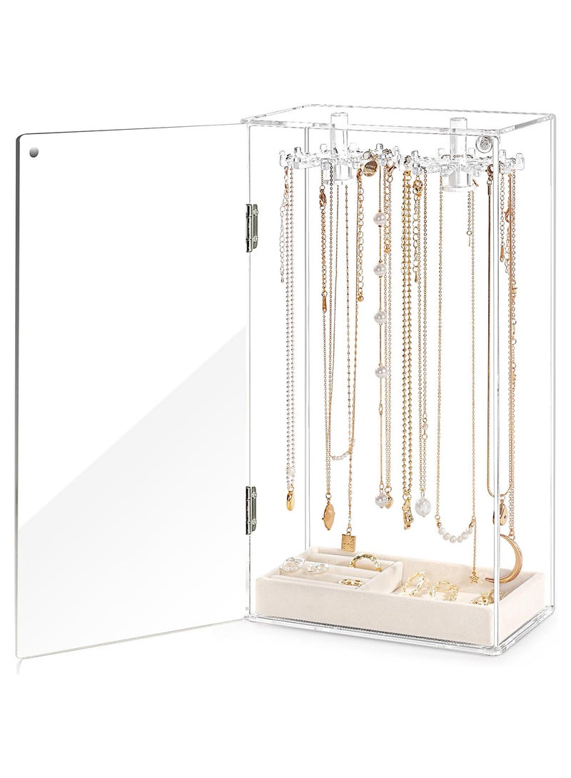 Necklace Holder,Acrylic Jewelry Organizer with 24 Hooks,Rotation Necklace Organizer Display Case Stand for Necklaces Pendant Bracelets, jewelry Tray Hanging Rack Storage for Earrings Rings - Image 1