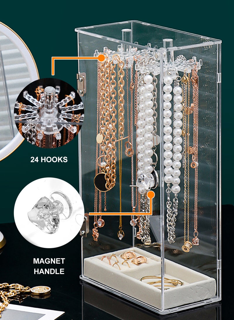 Necklace Holder,Acrylic Jewelry Organizer with 24 Hooks,Rotation Necklace Organizer Display Case Stand for Necklaces Pendant Bracelets, jewelry Tray Hanging Rack Storage for Earrings Rings - Image 3