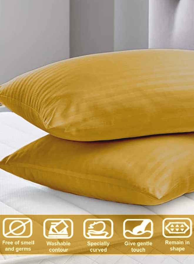 إي وورلد مجموعة من 2 غطاء وسادة بخطوط ساتان باللون الذهبي تتميز بعدد خيوط 300، خط ساتان بعرض 1 سم، إغلاق بالطية، مما يضمن البرودة والتهوية والجودة العالية والمريحة. - Image 3