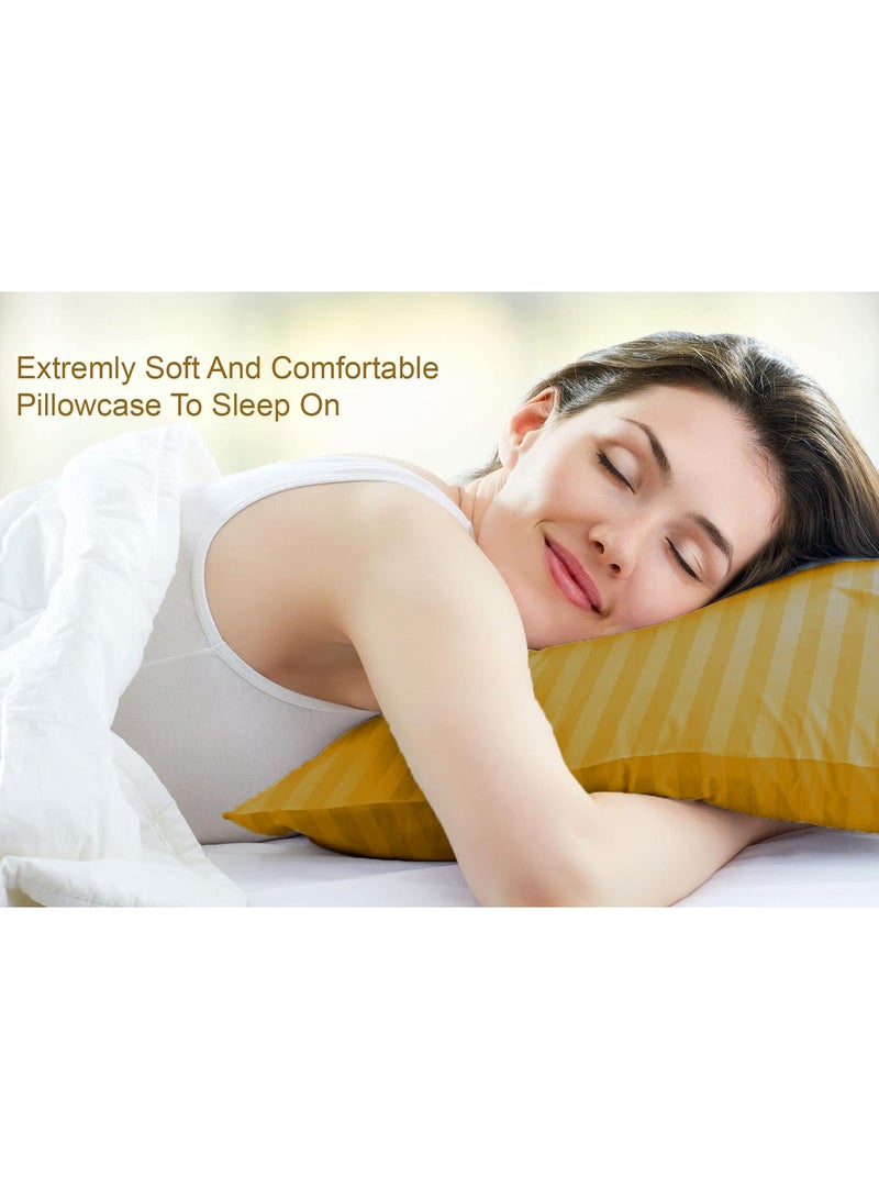 إي وورلد مجموعة من 2 غطاء وسادة بخطوط ساتان باللون الذهبي تتميز بعدد خيوط 300، خط ساتان بعرض 1 سم، إغلاق بالطية، مما يضمن البرودة والتهوية والجودة العالية والمريحة. - Image 4