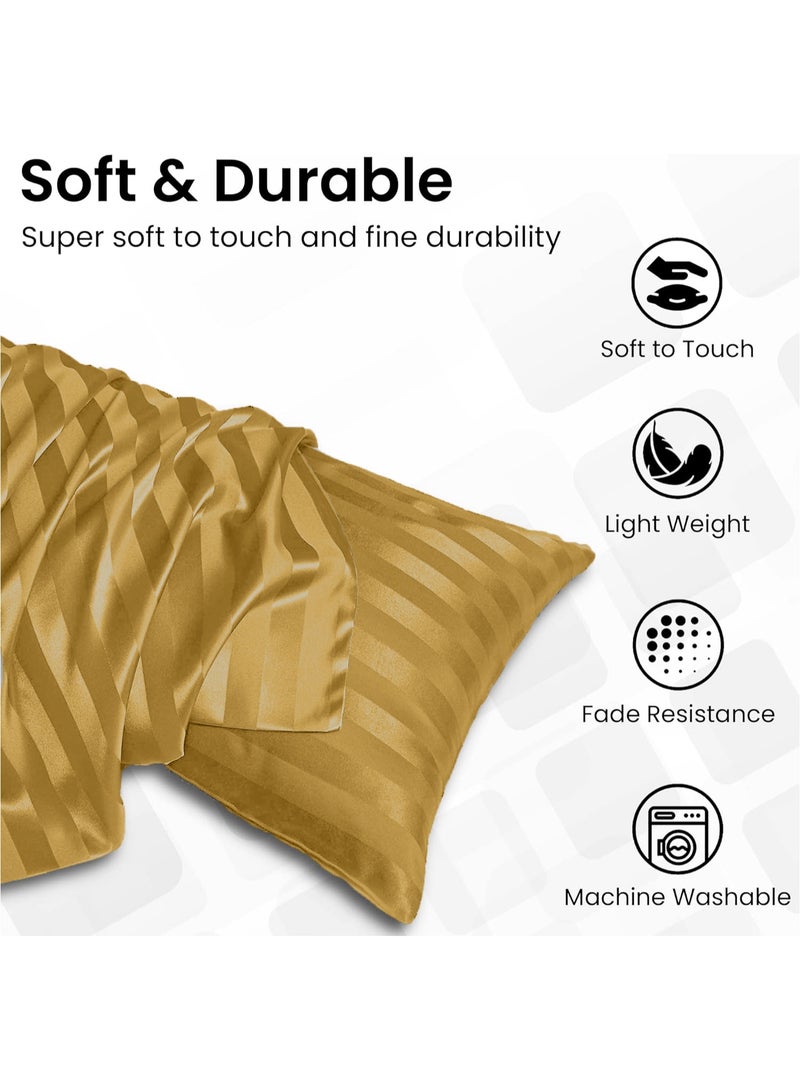 إي وورلد مجموعة من 2 غطاء وسادة بخطوط ساتان باللون الذهبي تتميز بعدد خيوط 300، خط ساتان بعرض 1 سم، إغلاق بالطية، مما يضمن البرودة والتهوية والجودة العالية والمريحة. - Image 5