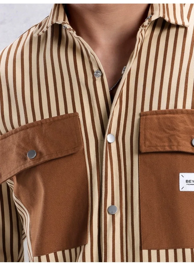 بيونغ Brown Heavy Striped Urban Shirt for Men