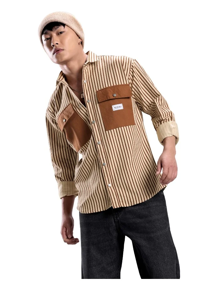 بيونغ Brown Heavy Striped Urban Shirt for Men