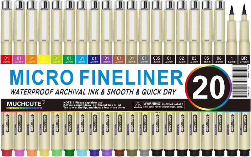 KOUSICOO Muchcute Micro Fineliner Drawing Art Pens: 20 Set (12 Colors & 8 Black) Extra Fine Line Waterproof Ink Artist Supplies Archival Inking Ultra Thin Markers Sketch Sketching Watercolor Zentangle Stuff - Image 1