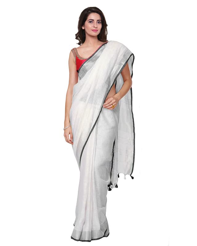 SheenKraft Women`s Bhagalpuri Handloom Linen Cotton Blend White Saree with Silver Zari Border and Contrast Unstitched Blouse Piece_Free Size 10993_White-Black - Image 1
