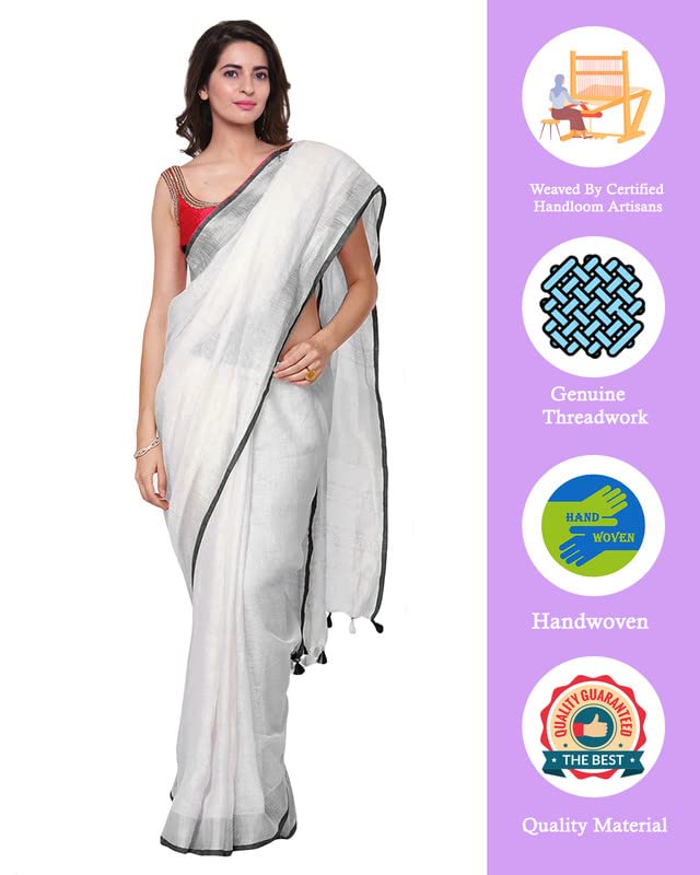 SheenKraft Women`s Bhagalpuri Handloom Linen Cotton Blend White Saree with Silver Zari Border and Contrast Unstitched Blouse Piece_Free Size 10993_White-Black - Image 2