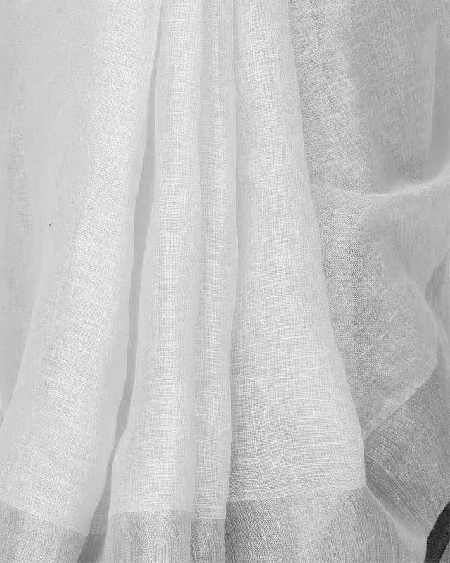 SheenKraft Women`s Bhagalpuri Handloom Linen Cotton Blend White Saree with Silver Zari Border and Contrast Unstitched Blouse Piece_Free Size 10993_White-Black - Image 4