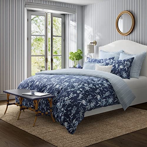 Laura Ashley King Duvet Cover Set Reversible Cotton Bedding Set Includes Matching Shams with Bonus Euro Shams Throw Pillow Covers Branch Toile Blue King - Image 3