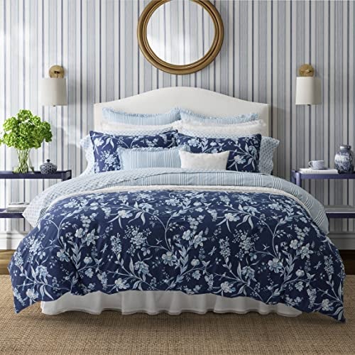 Laura Ashley King Duvet Cover Set Reversible Cotton Bedding Set Includes Matching Shams with Bonus Euro Shams Throw Pillow Covers Branch Toile Blue King - Image 1