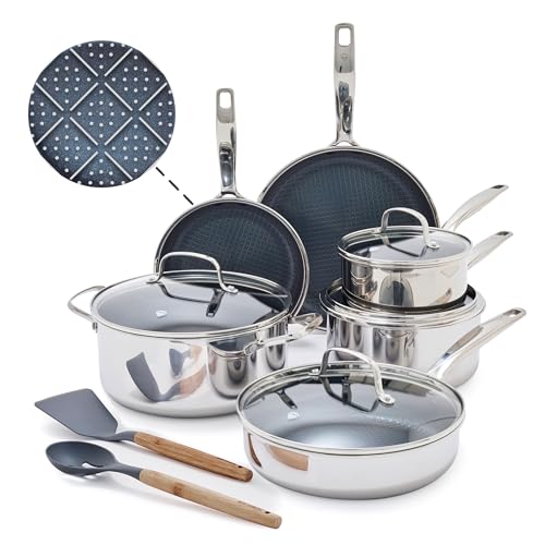 Blue Diamond Hybrid Nonstick Stainless Steel 12 Piece Cookware Set, Tri-Ply PFAS-Free Ceramic Diamond Bond Pots & Pans, Dishwasher & Oven Safe to 850F, Induction Ready, Metal Utensil Safe, Silver - Image 3