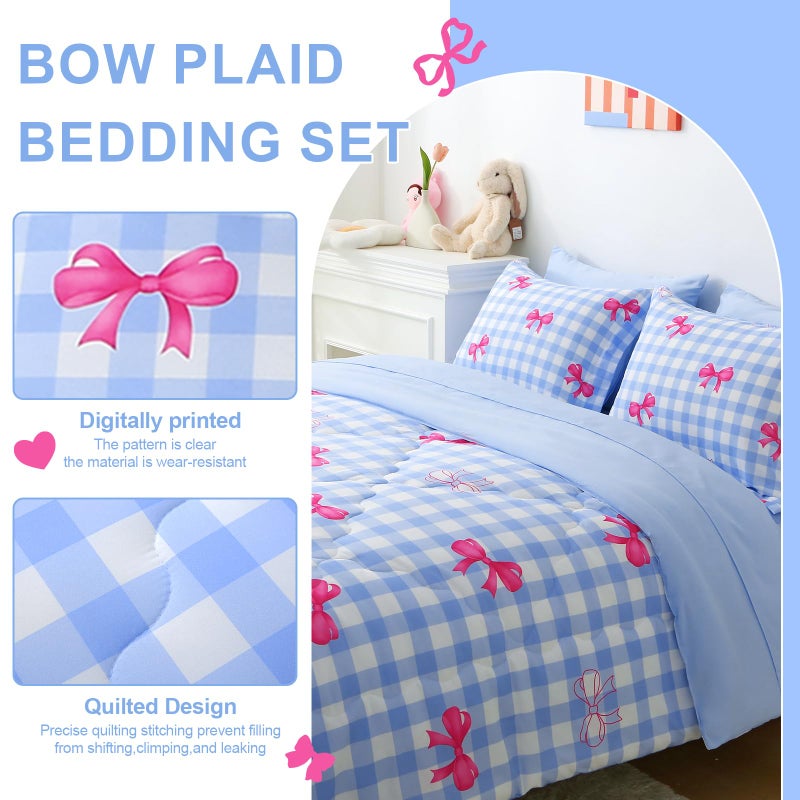 Wajade Bow Comforter Set 7 Piece Blue White Plaid Comforter Sets for Girls Kids Twin Size Checkered Bedding Set with Sheet and 2 Pillowcases 2 Pillow Shams Cute Girls Bed in a Bag as Birthday Choice - Image 2