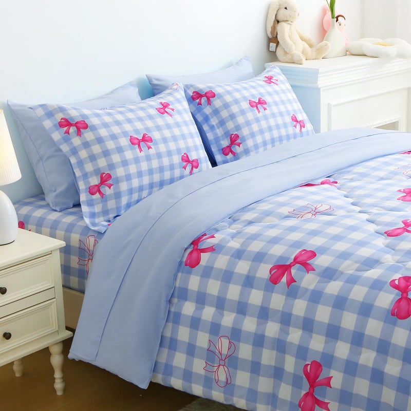Wajade Bow Comforter Set 7 Piece Blue White Plaid Comforter Sets for Girls Kids Twin Size Checkered Bedding Set with Sheet and 2 Pillowcases 2 Pillow Shams Cute Girls Bed in a Bag as Birthday Choice - Image 5