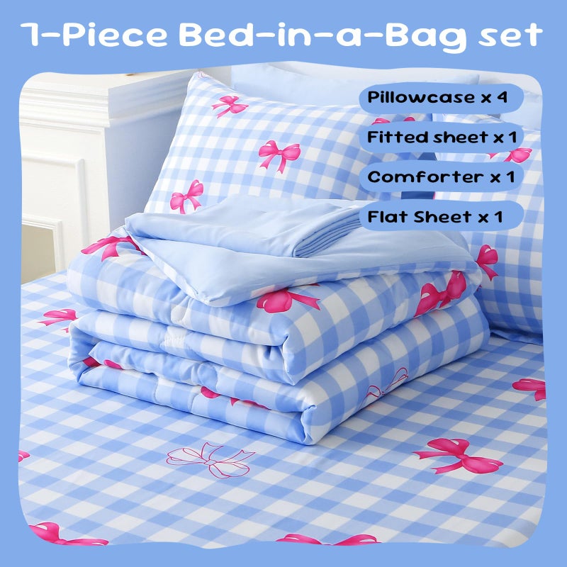 Wajade Bow Comforter Set 7 Piece Blue White Plaid Comforter Sets for Girls Kids Twin Size Checkered Bedding Set with Sheet and 2 Pillowcases 2 Pillow Shams Cute Girls Bed in a Bag as Birthday Choice - Image 4