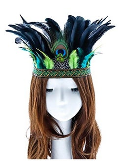 Aukmla Peacock Feather Fascinator Decorative Feather Headpiece Crown Headdress Costume Headband For Party (Green)  - Image 1