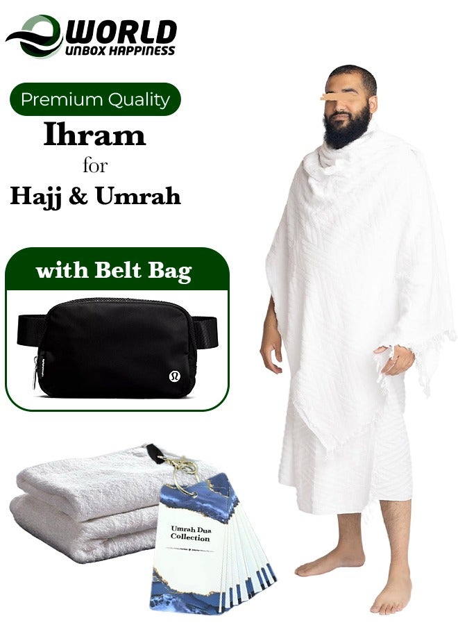 إي وورلد إحرام للرجال مع حقيبة خصر سوداء وبطاقات أدعية للحج والعمرة، مصنوع من قماش فائق النعومة وامتصاص العرق، غير شفاف بالكامل ويتكون من قطعتين لتوفير أقصى درجات الراحة. - Image 1