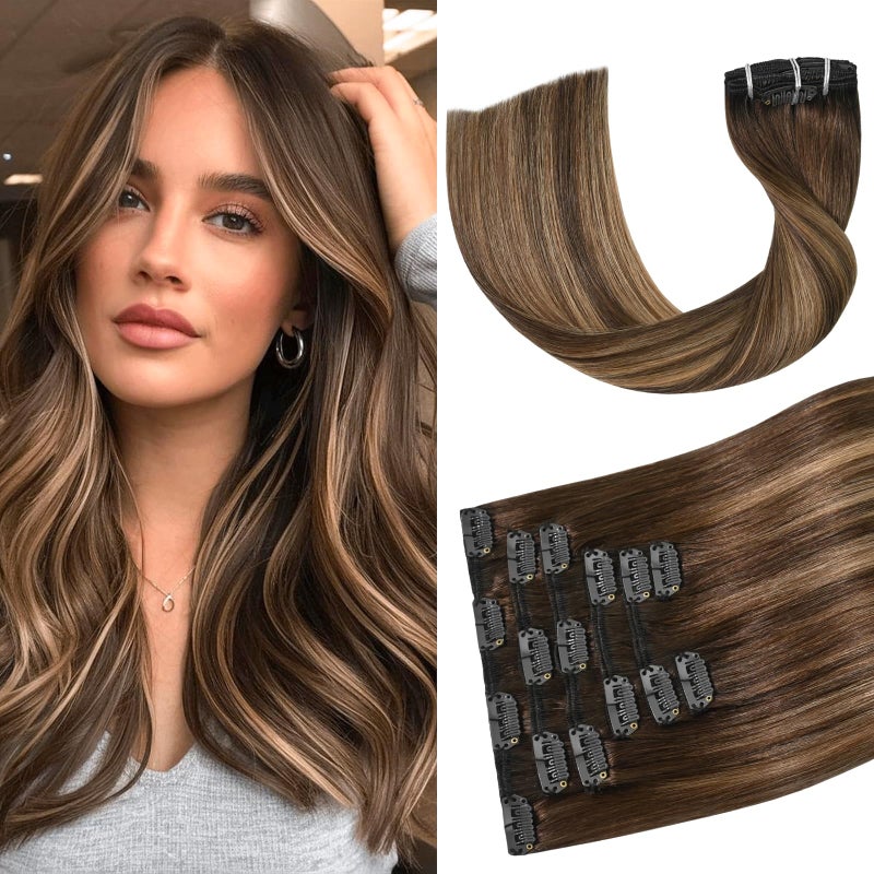 Aison Balayage Clip in Hair Extensions Real Human Hair Ombre 100 Human Hair Extensions for Woman 12 inches 70g Highlights Clip ins