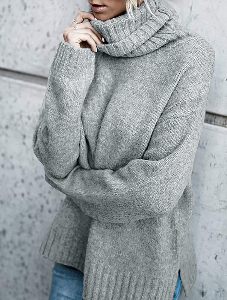 FISACE Womens Oversized Turtleneck Pullover Sweater Cable Knit Long Sleeve Sweater Tops A-Gray - Image 3