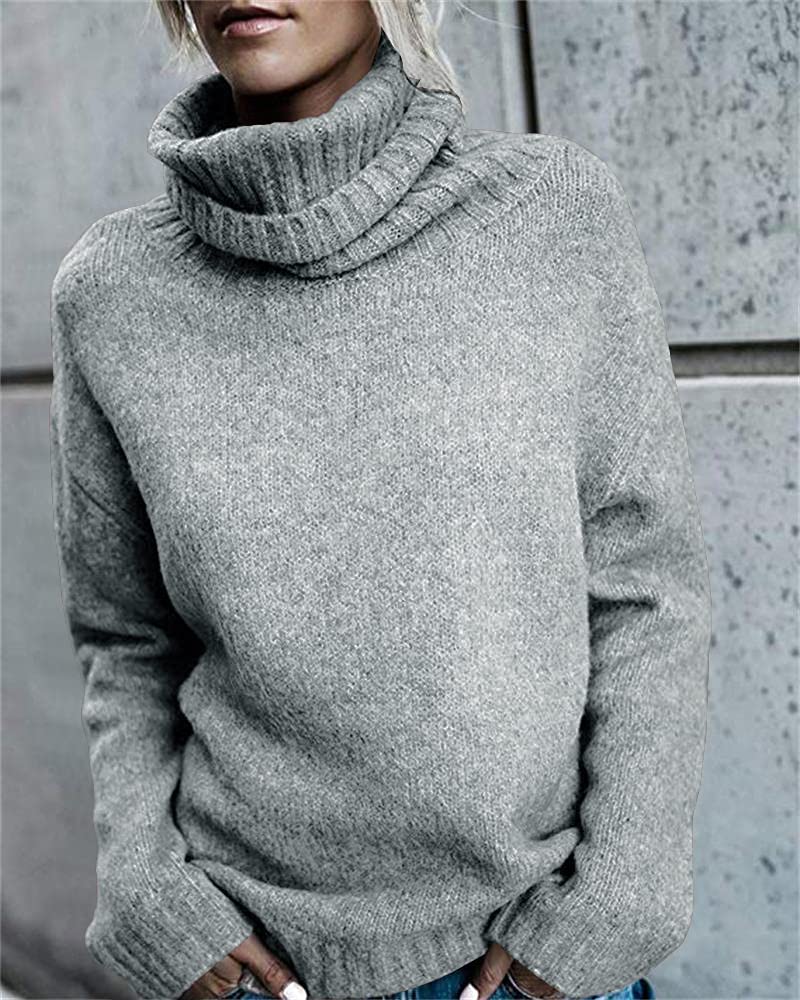 FISACE Womens Oversized Turtleneck Pullover Sweater Cable Knit Long Sleeve Sweater Tops A-Gray - Image 2