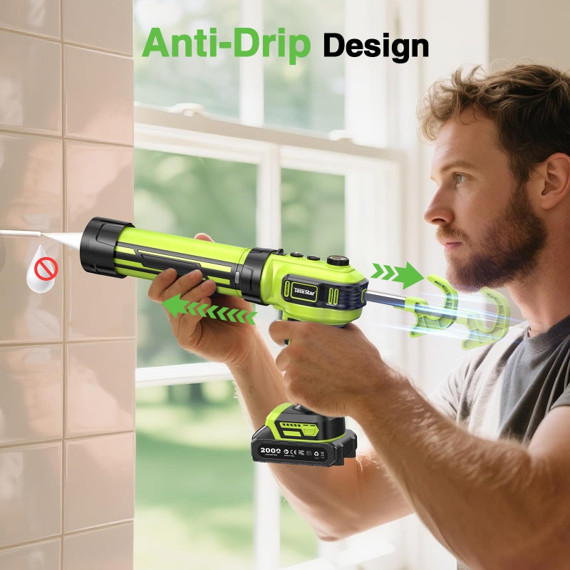 Taskstar Electric Caulking Gun 21V, Upgraded Brushless Cordless Caulking Gun with 2 x 2.0Ah Batteries, 250KG Thrust, LED Light, Anti-Drip,10 OZ Battery Power Caulk Gun Tool for Filling, Sealing - Image 5