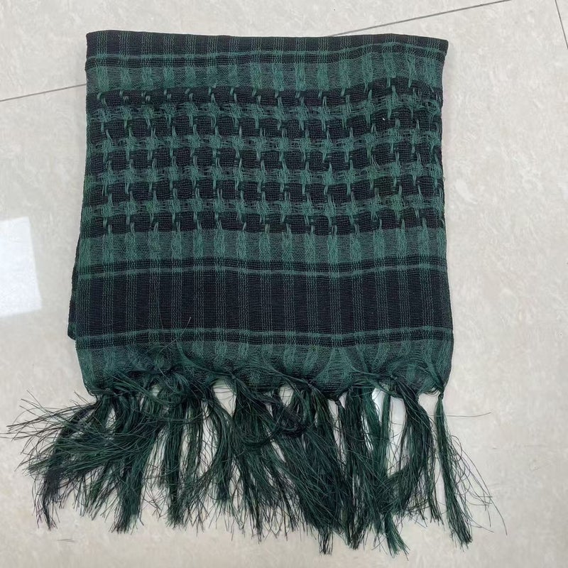 WU Military Tactical Houndstooth Head Scarf - 100cm Polyester Net Yarn Outdoor Neck Scarf with Tassels - Image 1