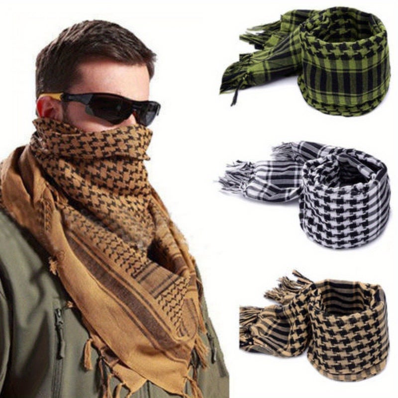 WU Military Tactical Houndstooth Head Scarf - 100cm Polyester Net Yarn Outdoor Neck Scarf with Tassels - Image 2