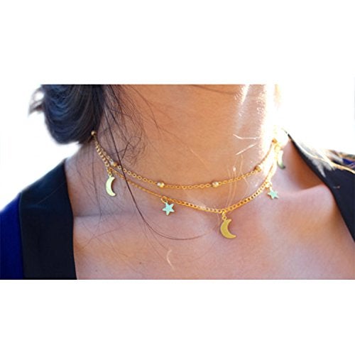 BaubleStar Fashion Layering Star Moon Charm Pendant Tassel Necklace 14K Gold Plated Chain Choker Collar Multi layered Statement Jewelry for Women - Image 2