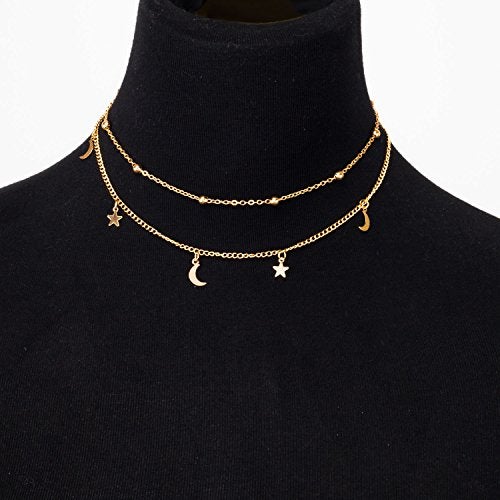 BaubleStar Fashion Layering Star Moon Charm Pendant Tassel Necklace 14K Gold Plated Chain Choker Collar Multi layered Statement Jewelry for Women - Image 3