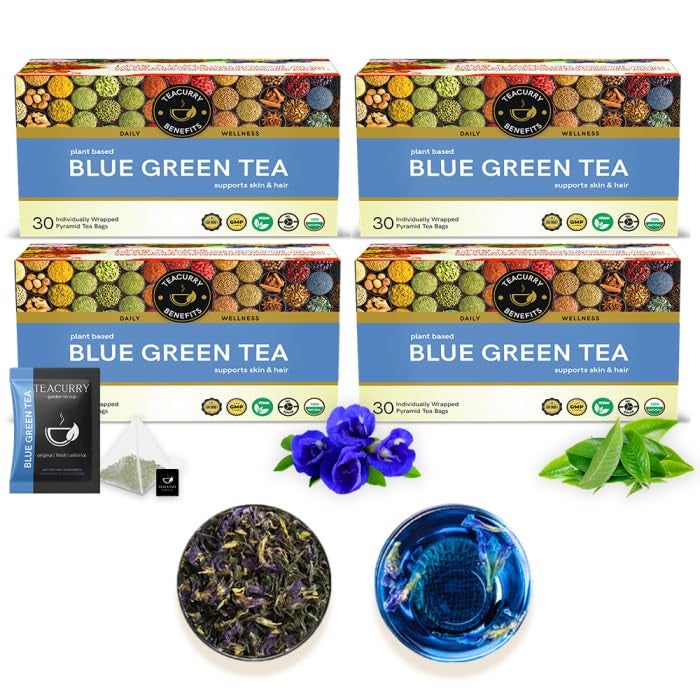 TEACURRY Blue Pea Flower Green Tea (120 Tea Bags, 4 Months Pack) - Helps with Weight Loss, Skin Glow, Hair Care, Brain Health - Butterfly Pea Green Tea - Image 1