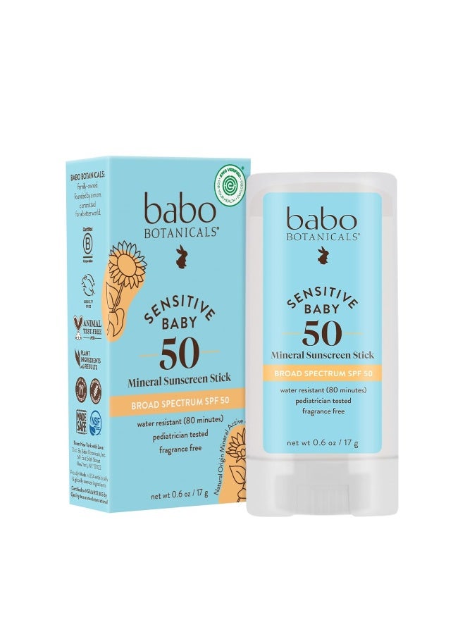 Babo Botanicals Sensitive Baby Mineral Sunscreen Stick SPF 50-70% Organic Ingredients - Zinc Oxide - NSF & Made Safe Certified - EWG Verified - Water Resistant - Fragrance-Free - for Babies & Kids - Image 1
