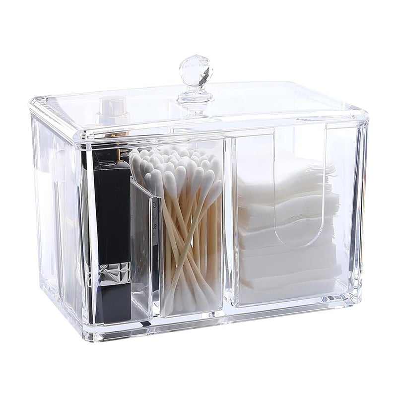 Zibuyu® Cottonswab Organizer Storage Box, Cosmetics Bathroom Organizer Box, Cotton Ball Holder Cotton/Earbud Holder Storage Box with Lid Clear Acrylic Cotton Round Organizer, 4 Sections - Image 1