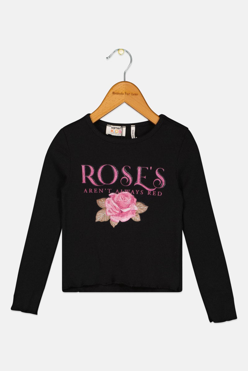 KOTON Kids Girl Crew Neck Long Sleeves Floral Print Top, Black - Image 1