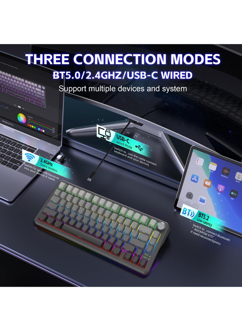ROCK POW X75 Rapid Trigger Wireless Mechanical Keyboard,Gasket RGB Backlit Gaming Keyboard,Tri-Mode BT5.0/2.4GHz/USB-C Hot-Swappable,1KHz Polling Rate Pre-lubed Linear Switches,75% Compact Layout with Knob,Side Printed Keycaps with Adjustable Actuation - Image 4