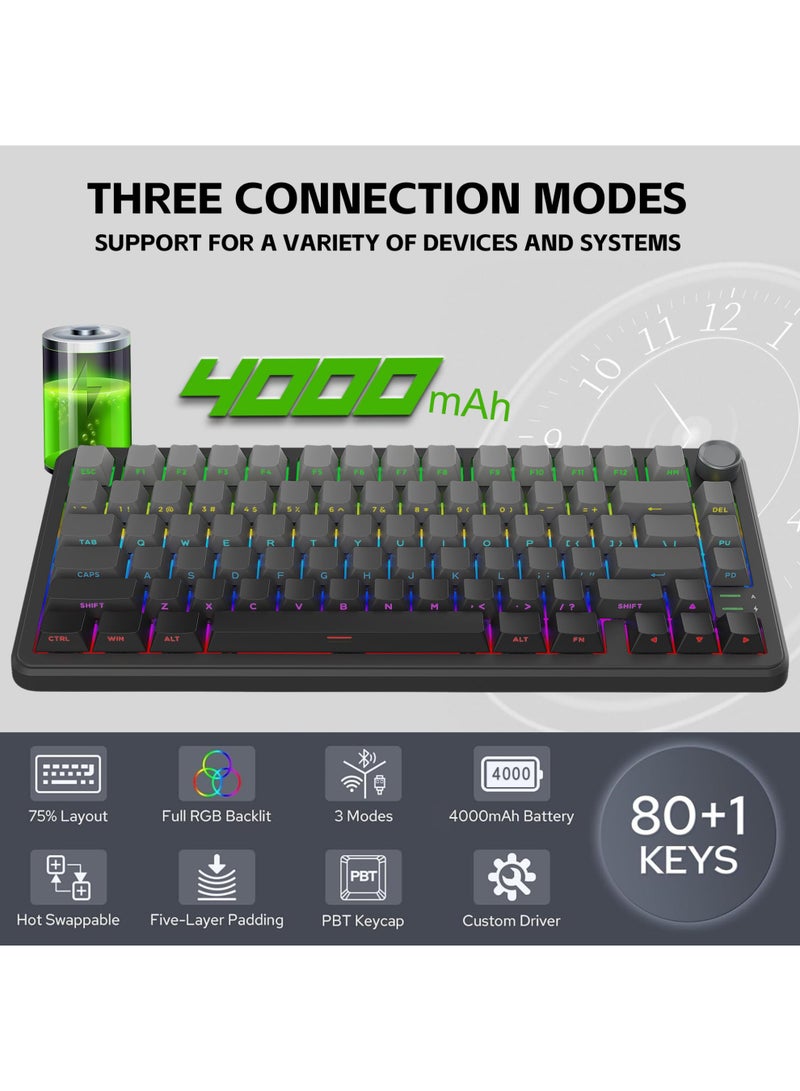 ROCK POW X75 Rapid Trigger Wireless Mechanical Keyboard,Gasket RGB Backlit Gaming Keyboard,Tri-Mode BT5.0/2.4GHz/USB-C Hot-Swappable,1KHz Polling Rate Pre-lubed Linear Switches,75% Compact Layout with Knob,Side Printed Keycaps with Adjustable Actuation - Image 3