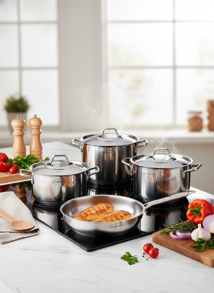 بونيرا طقم قدور طبخ من الستانلس ستيل 18/10 مكوّن من 9 قطع باللون الفضي، المقاسات: قدر عميق 16 سم، قدر عميق 20 سم، قدر عميق 24 سم، قدر منخفض عميق 24 سم، مقلاة 24 سم. - Image 2