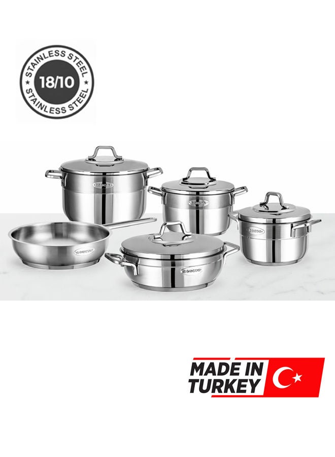 بونيرا طقم قدور طبخ من الستانلس ستيل 18/10 مكوّن من 9 قطع باللون الفضي، المقاسات: قدر عميق 16 سم، قدر عميق 20 سم، قدر عميق 24 سم، قدر منخفض عميق 24 سم، مقلاة 24 سم. - Image 1